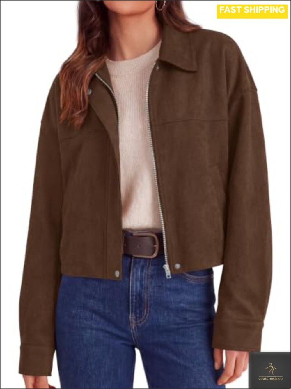 Faux Suede Cropped Zip Up Jacket Lapel Collar Long Sleeve Fall Coat